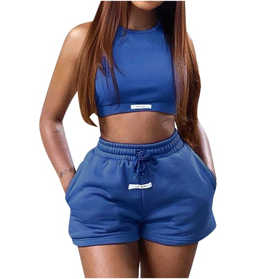 Virmaxy Womens Stylish Comfy Sports Fitness Suit Round Neck Summer Casual Fashion Solid Color Two-Piece Sports Suit Round Neck Summer Casual Fashion Solid Color Two-Piece Sports Set Blue M