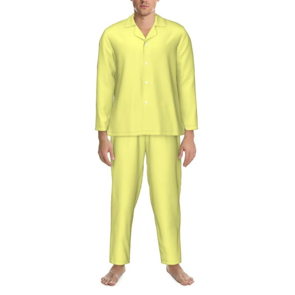 Mens Pajamas Set - Light-Yellow Comfy Long Sleeve Button Up Pajama Sets for Men 2 Piece, Soft Sleepwear Nightwear Pjs Lounge Sets for Men with Pockets