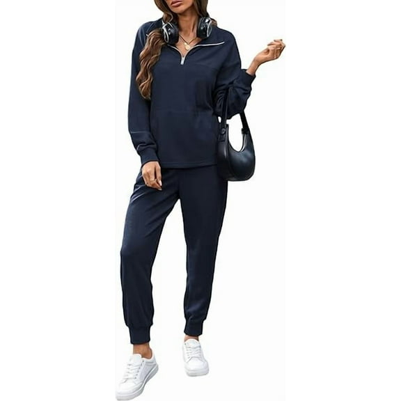 FIOPHY Women's Waffle Knit 2 Piece Outfits Lounge Sets 1/4 Zip Up Pullover Long Sleeve Top Jogger Sweats Track Suits Set,Navy Blue，L