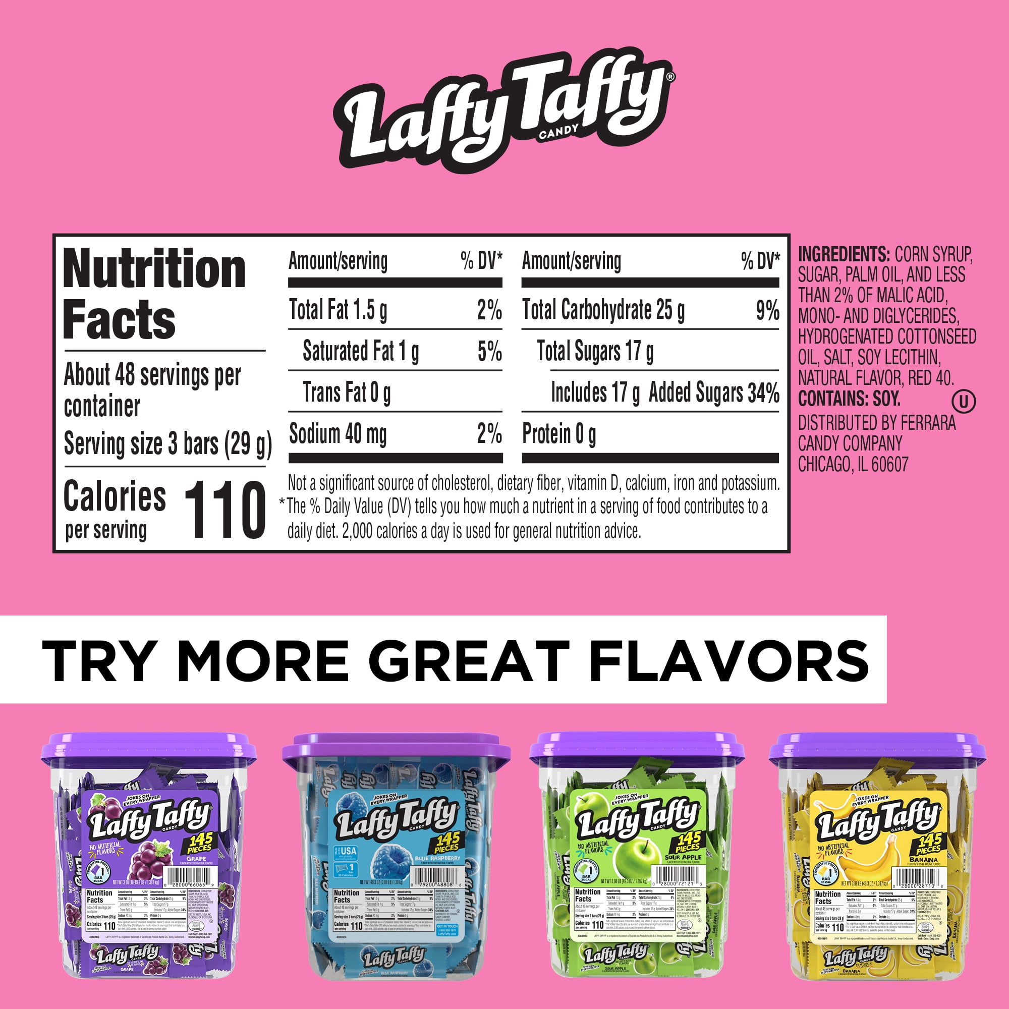 Laffy Taffy Strawberry Candy Tub, 0.34 oz, 145 Count
