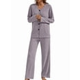 thumbnail image 2 of Women'S 2 Piece Lounge Sets Ribbed Long Sleeve Button Top Matching Pants Sleepwear Set Fall Outfits Light Purple S, 2 of 9