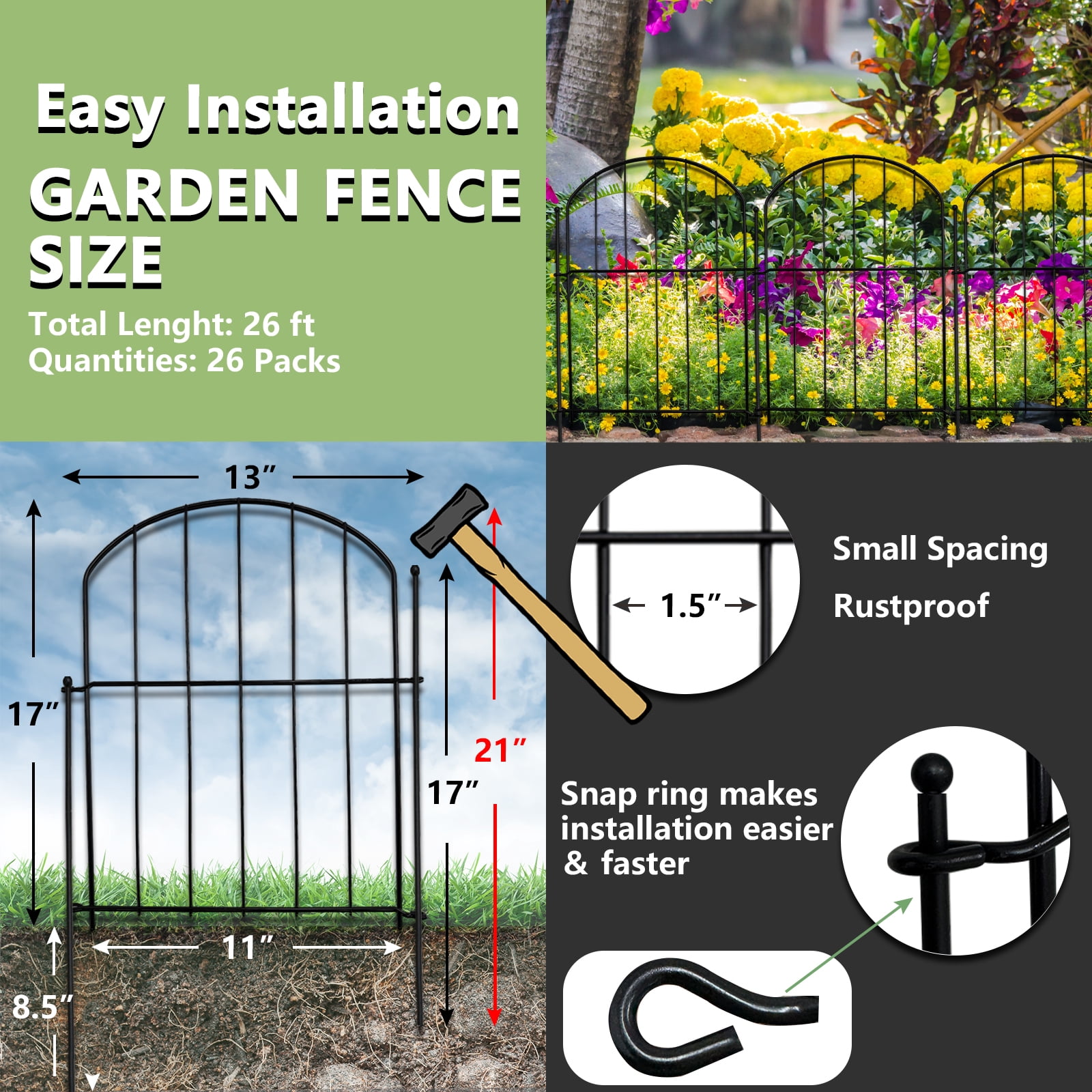 Quobiad 21in(H) x 26ft(L) Garden Fence Animal Barrier No Dig, 26 Panels Rustproof Arched Small Metal Fencing, 1.5in Gap Fence Border, Outdoor Decorative Fence for Yard Dogs Rabbits