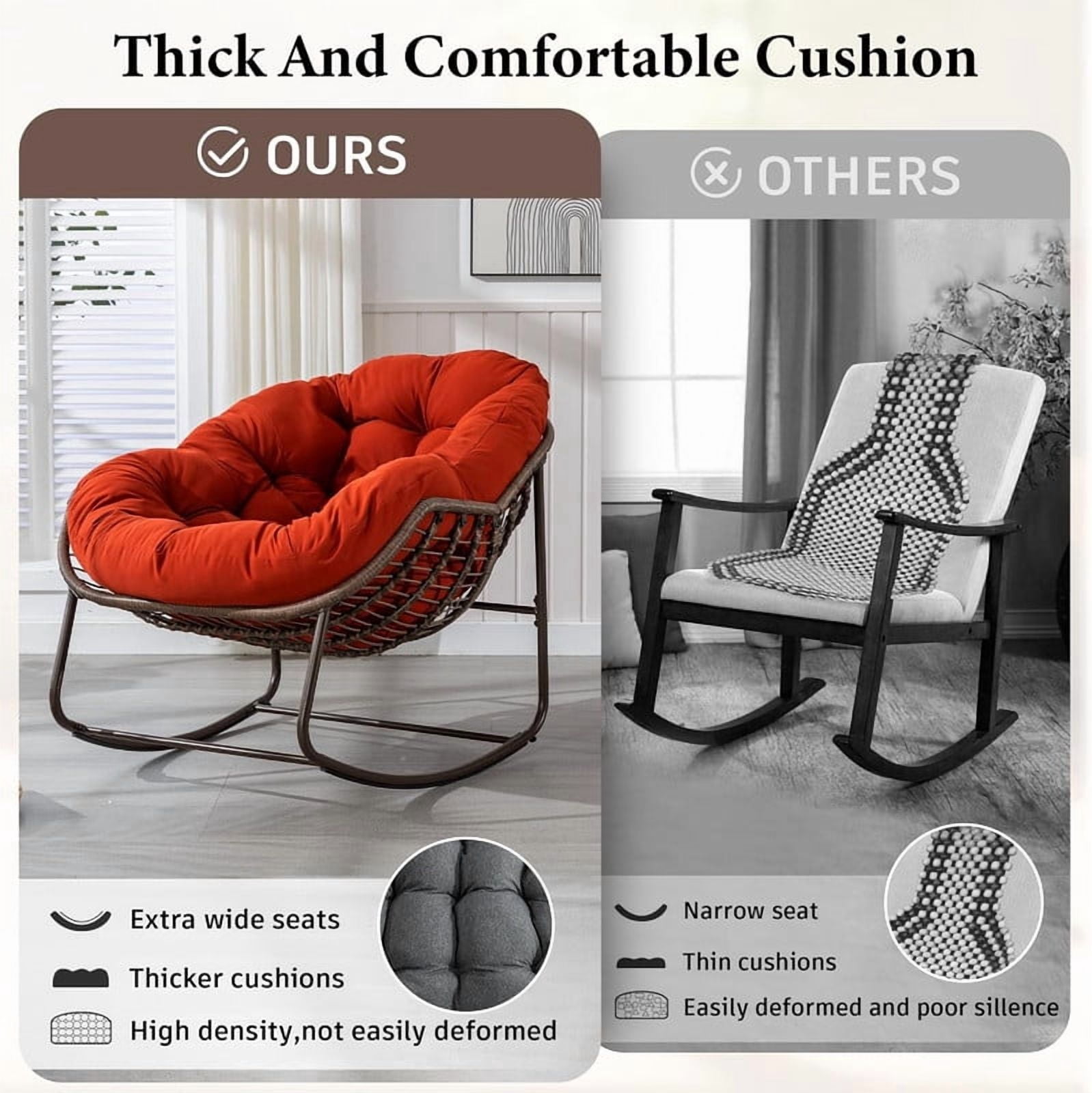 Outdoor Rattan Rocking Chair, Rocking Papasan Chair with Thick Cushion, Comfy Wicker Egg Chairs Lounge Recliner Chair, Padded Cushion Rocker