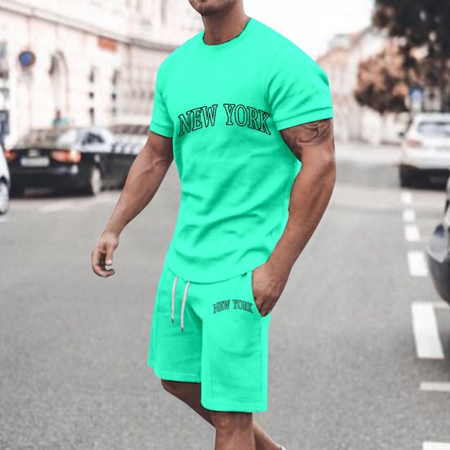 WILLBEST Conjunto de Dos Piezas Informal de Verano para Hombre, con Estampado de Letras, Cuello Redondo, Manga Corta, Pantalones Cortos y Pantalones Cortos, Conjunto de Dos Piezas Holgado y Moderno.