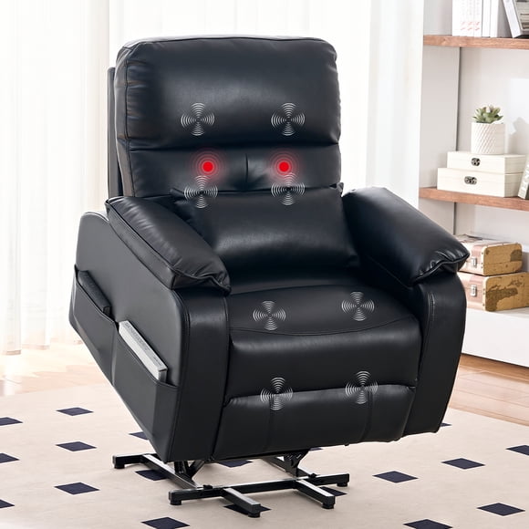 MJKONE Power Lift Recliner Chair with Heat Therapy and Massage Function for Elderly,Leather Electric Recliners Chair with Cup Holders for Living Room,Black