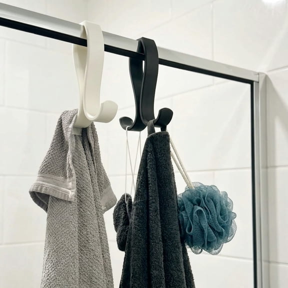 2-Pack Over-Framed Shower Glass Hooks, Dual-Sided Towel Hangers for the Bathroom, 3D-Printed Over-Glass Shower Hooks, Fits Metal Trim Up to 1" Thick, for Robes and Loofahs,Black and White.