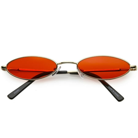 Retro Small Oval Sunglasses Slim Arms Color Tinted Flat Lens 51mm (Gold / Red)