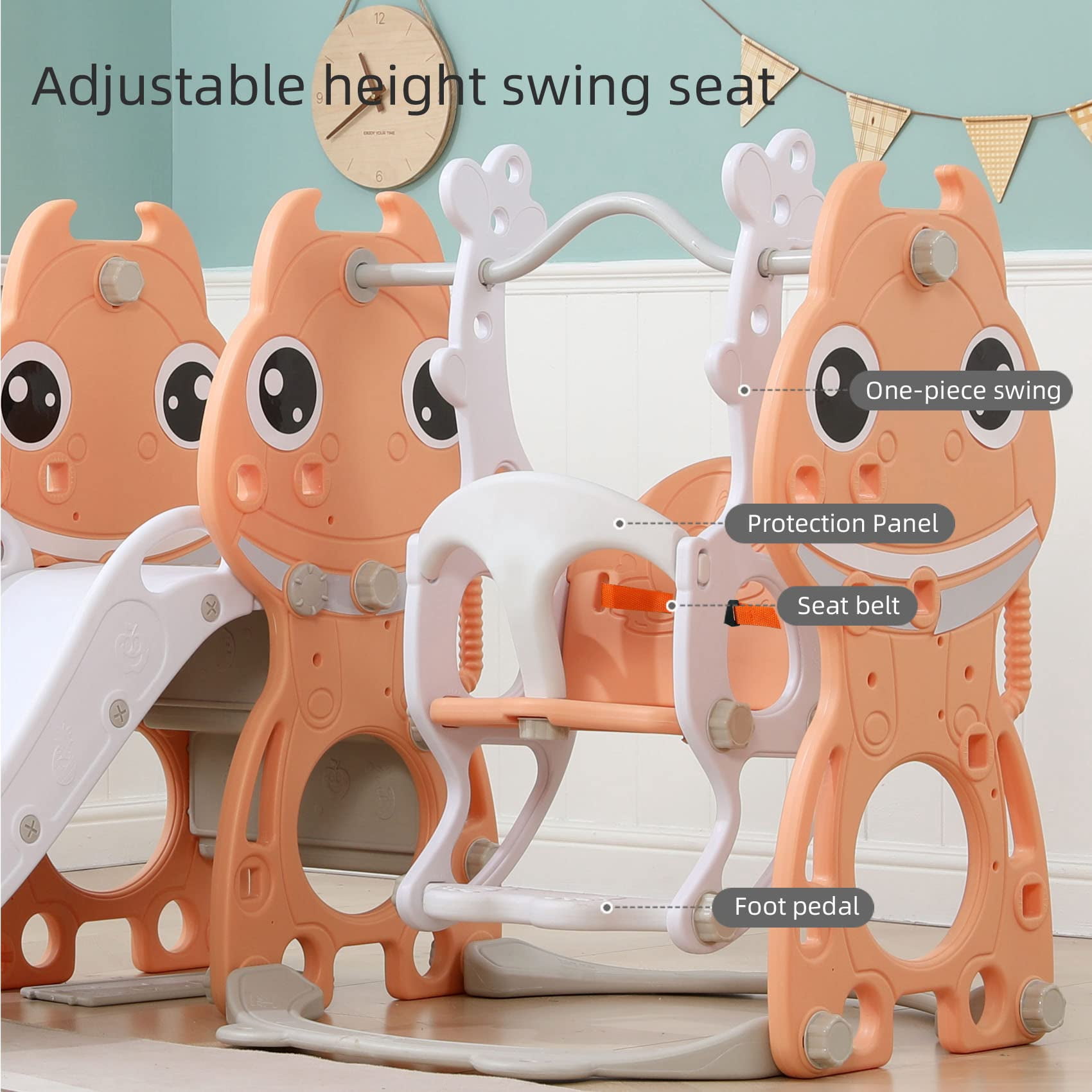 UNICOO® Toddler Slide and Swing Set, 4 in 1 Kids Indoor and Outdoor Playground Combination Climber/Slide/Swing/Basketball Hoop for Boys & Girls (4 in 1 - Light Orange)