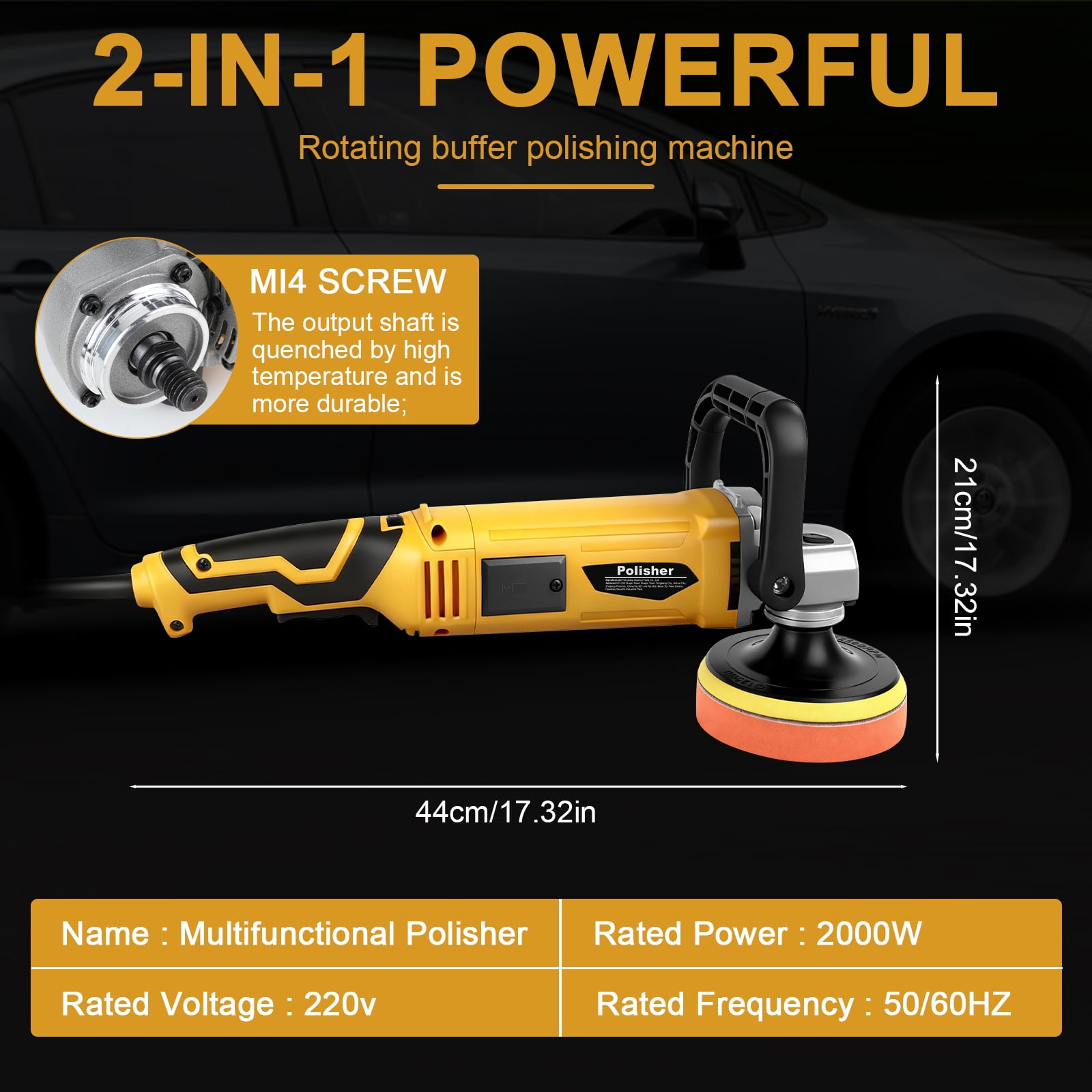 Buffer Polisher, 2000W Rotary Car Buffer Polisher Waxer, 7 Variable Speed 500-3300 RPM, Detachable Handle with 5" 6" 7" Backing Plate for Car Detailing, Polishing, Waxing