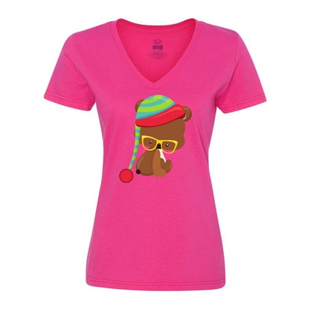 Inktastic Hipster Bear  Bear With Glasses  Hat  Brown Bear Women s V-Neck T-Shirt