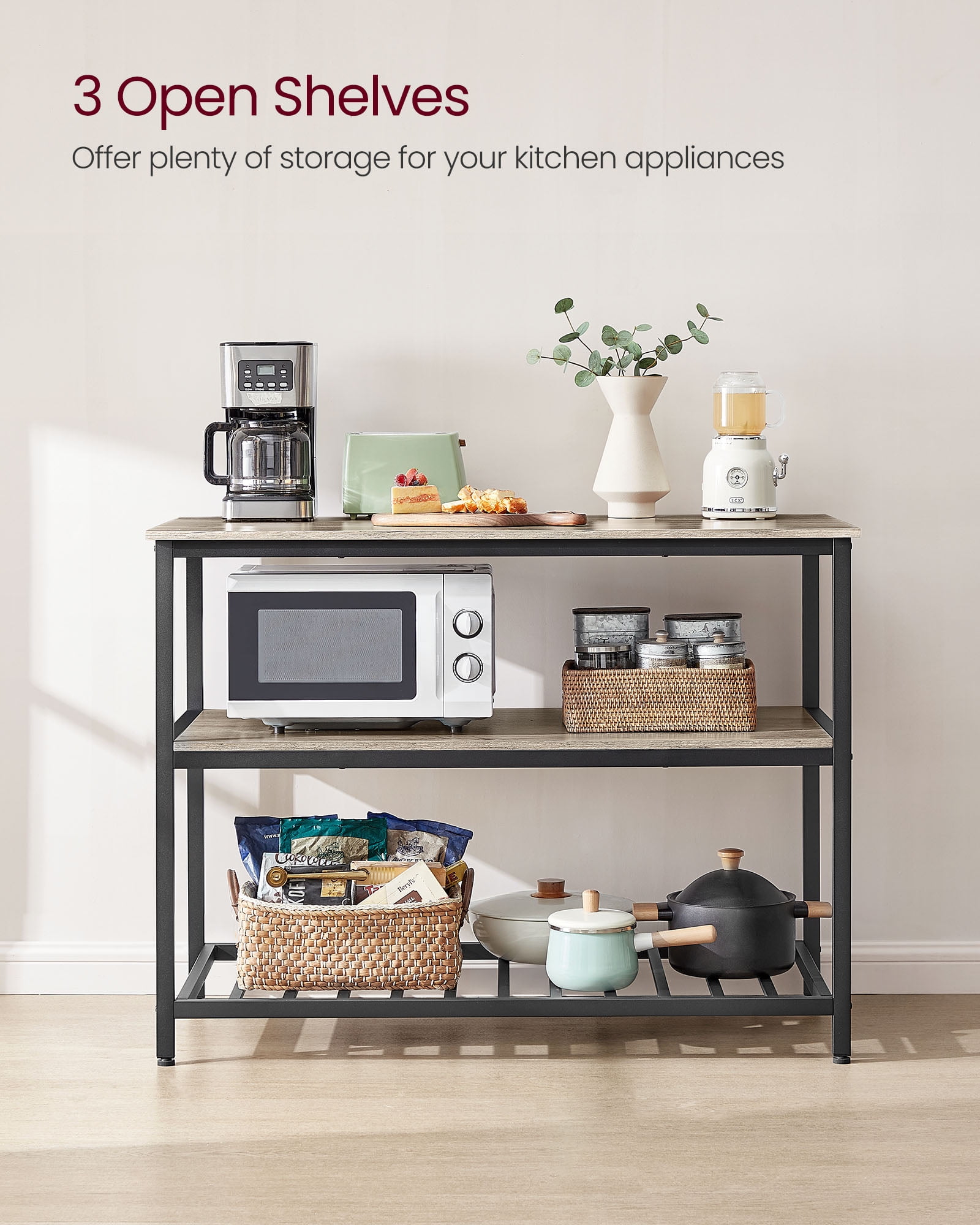 Kitchen Island with 3 Shelves, Island Table, 47.2 Inches Width Kitchen Shelf with Large Worktop, Stable Steel Structure, Industrial
