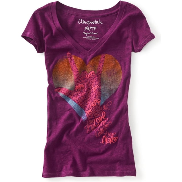 Aeropostale Peace 87 - Camiseta con cuello en V para mujer, color morado, pequeña Aeropostale Camiseta gráfica
