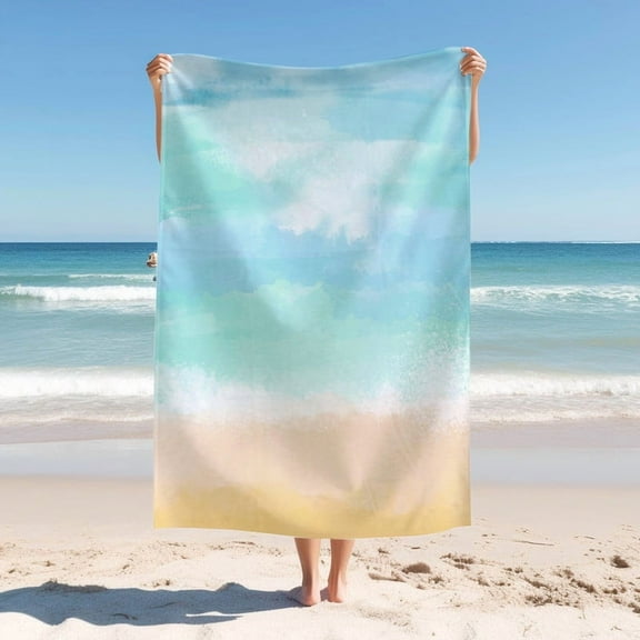 Beach Blanket with Blue and Ocher Colored Watercolor Pattern , Quick Drying Thick Soft Sand Resistant Beach Swimming Bath Travel Picnic Towel