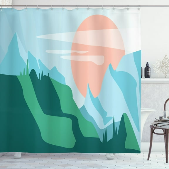 Scenic Summer Shower Curtain, Natural Landscape with Hills and Pastel Sun, Fabric Bathroom Set with Hooks, 69W X 75L Inches Long, Pale Blue Blush Forest Green and Sea Green, by Ambesonne