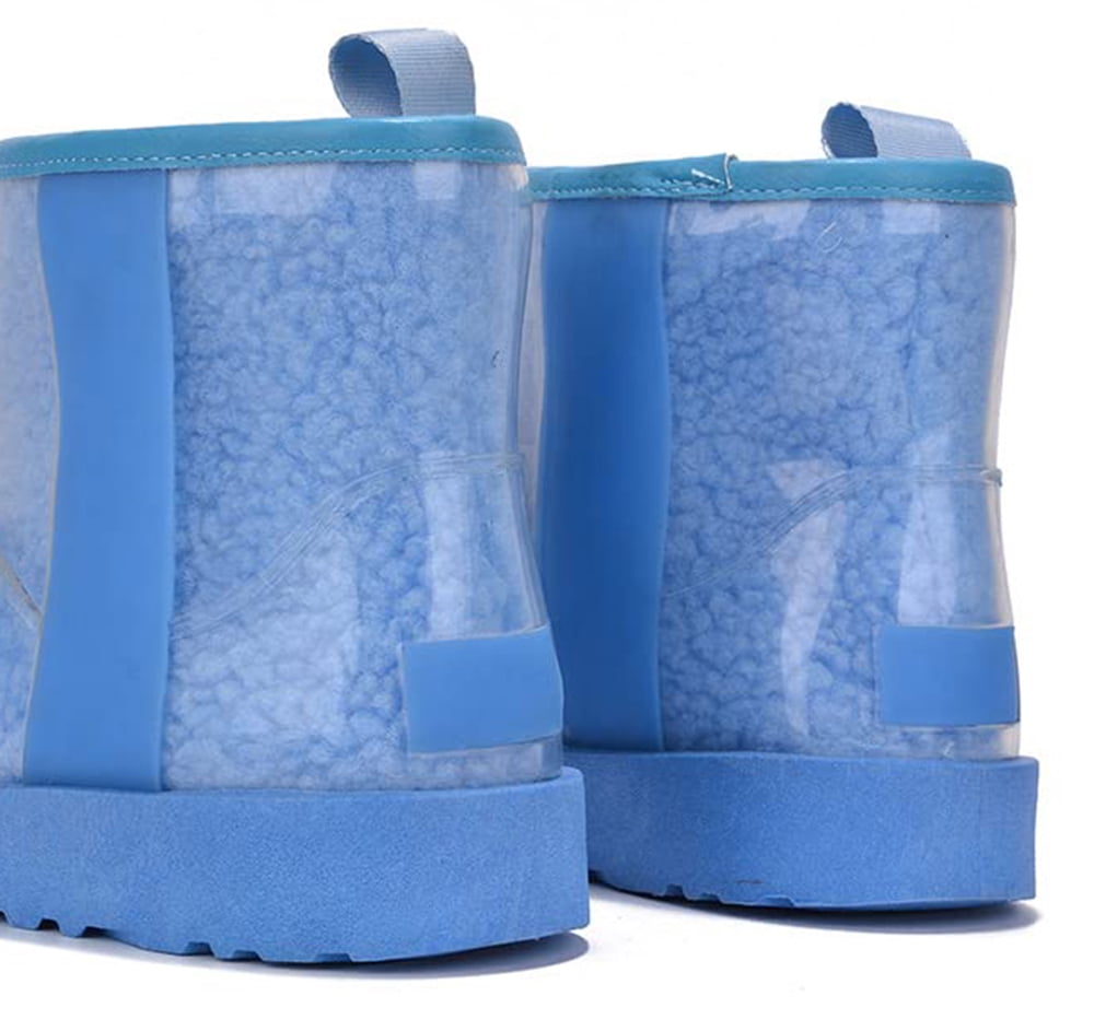 Cape Robbin Women Ankle Snow Rain Boots Flat Platform Warm Fur Clear Leather Lug Sole Waterproof Booties Slip On Round Toe BAYBERRY Blue 6