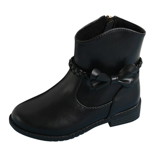 Girls Boots Stylish Bow Braided Detail Zip Side Western Ankle Booties for Kids Low Heel Riding Shoes