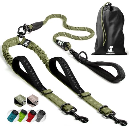 SparklyPets Double Dog Leash for 2 Dogs - Rope Bungee Dual Leash for Medium and Large Dogs with Padded Handles & Tangle Free (Green Range, Medium/Large) ALT1