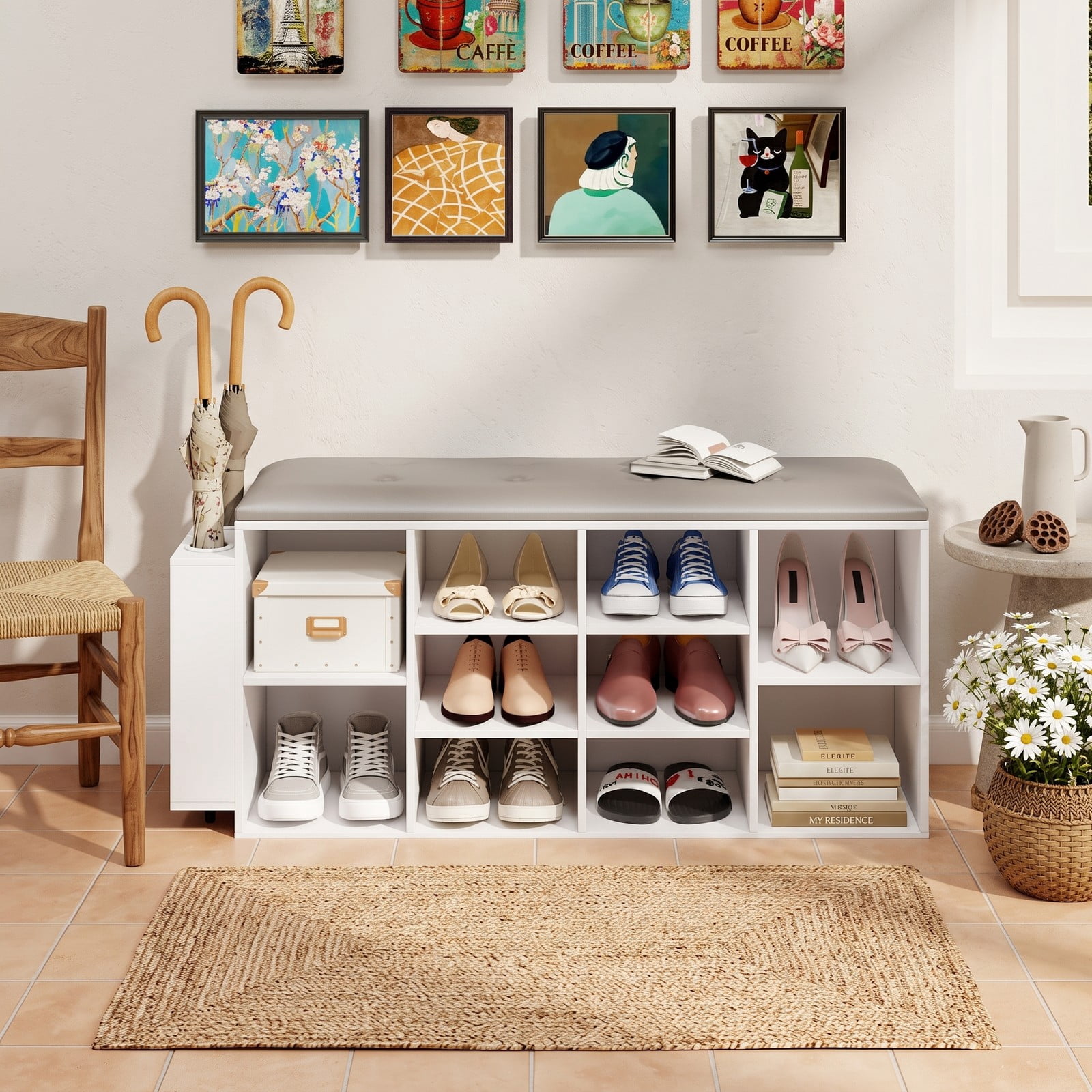 Furnibear Shoe Storage Bench with Umbrella Stand and 10 Adjustable Cube Shelves and Tufted Padded Seat for Entryway and Hallway, White