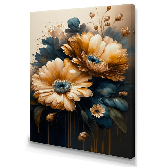 Designart Light Orange And Dark Blue Daisy I Canvas Wall Art