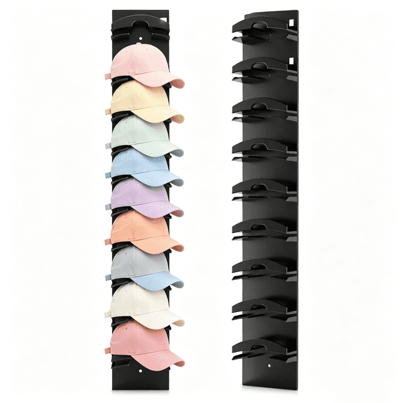 General Wall Mounted Hat Rack for Baseball Caps, Vertical Cap Storage Organizer, Heavy‑Duty Hat Holder Display Rack for Closet Door Wall, Holds Up to 10 Hats, Black