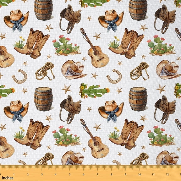 Feelyou Princess Boot Kids Fabric by the Yard 1 Yard, Cowgirl Cowboy Sewing Fabric, Rustic Guitar Music Home Decor Fabric by the Yard, Ultra Soft Home Decor