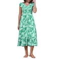 thumbnail image 2 of INSPIRE CHIC Women's Summer Printed V Neck Elastic Waist Ruffle Cap Sleeve A-Line Beach Midi Dresses L Green, 2 of 6
