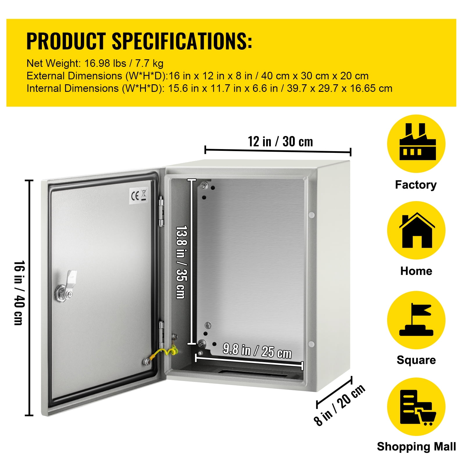 KFFKFF Steel Electrical Box SPT 16 x 12 x 8 in Carbon Steel Gray, 1 Count