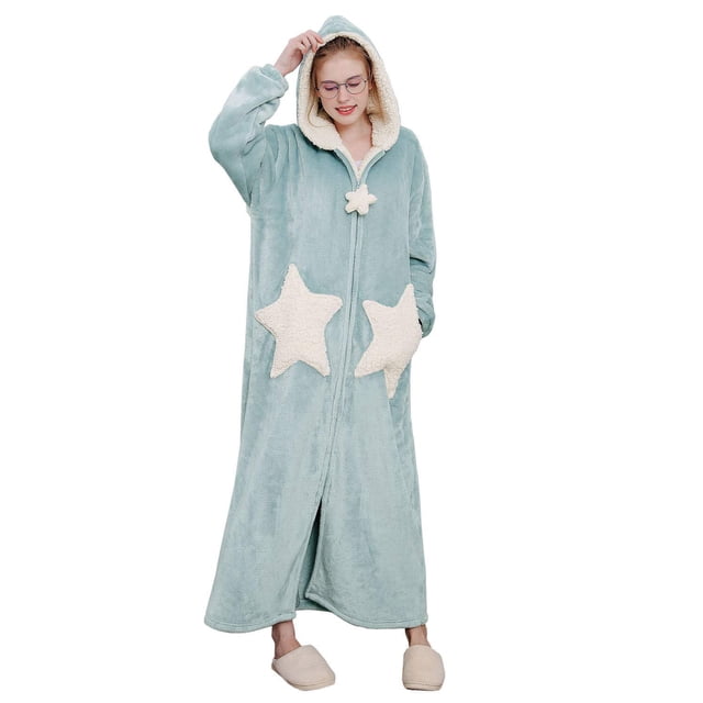 Bata para mujer, albornoces con cremallera, bata con capucha para mujer, ropa de dormir cálida de forro polar de felpa, camisón largo de pijama