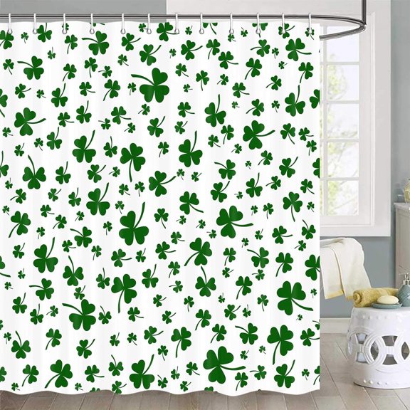 St. Patrick''s Day Shower Curtain, Green St. Patrick‘s Day Clover Shamrock Leaves Irish Spring Festival Holiday Shower Curtain Set, Fabric Shower Curtain Hooks Include, 70 in
