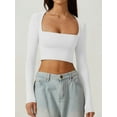 thumbnail image 3 of Women'S Square Neck Long Sleeve Double Lined Slim Fitted Casual Basic Crop Top White M, 3 of 5