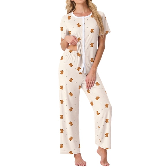 MINTREUS Pajama Sets for Women Short Sleeve Sleepwear Button Down Pjs Soft 2 Piece Lounge Sets with Pockets