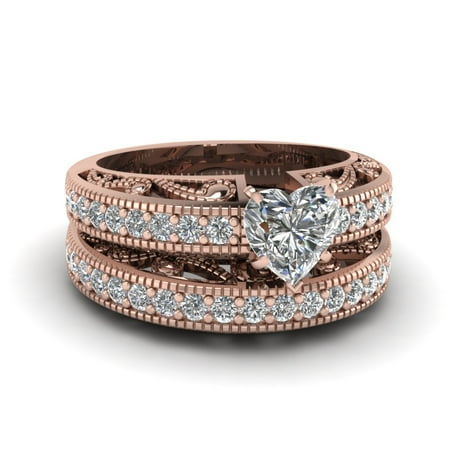 1 Carat Heart Shaped Diamond Vintage Bridal Sets For Women In 14K Rose Gold GIA Certified -Fascinating Diamonds