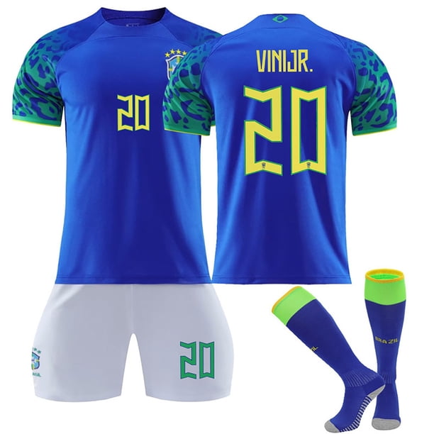 Surgei 2223 Brasil Camisetas de fútbol, Brasil Estadio de casa Número #20 Vinijr. Impreso Manga Corta Tops Calcetines Camisetas de fútbol de 3 piezas, Camisetas de fútbol de Brasil para adultos, S