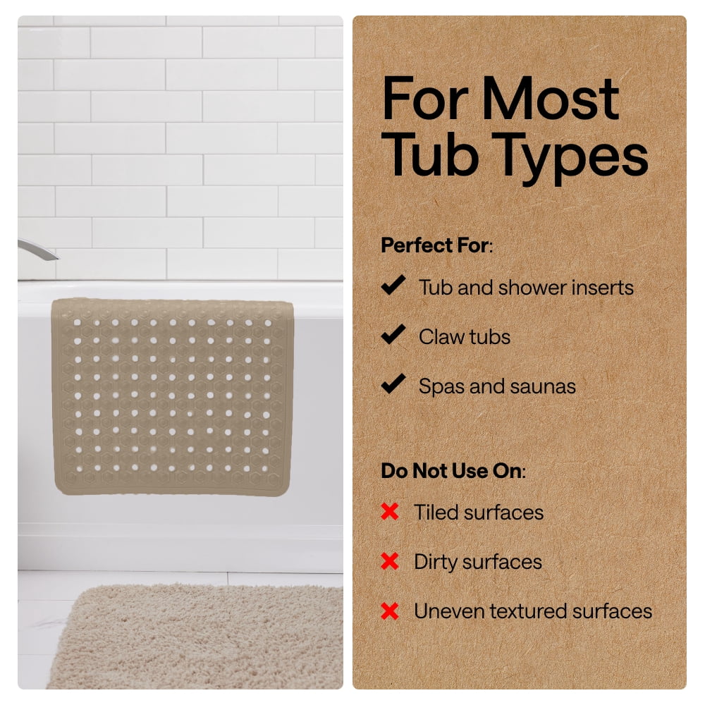 GORILLA GRIP Patented Bath Tub Shower Mat, Machine Washable Bathtub Floor Liner Mats, Suction Cups and Drain Holes to Keep Tubs Clean, Soft on Feet, Bathroom Essentials, 35x16 Inch, Beige