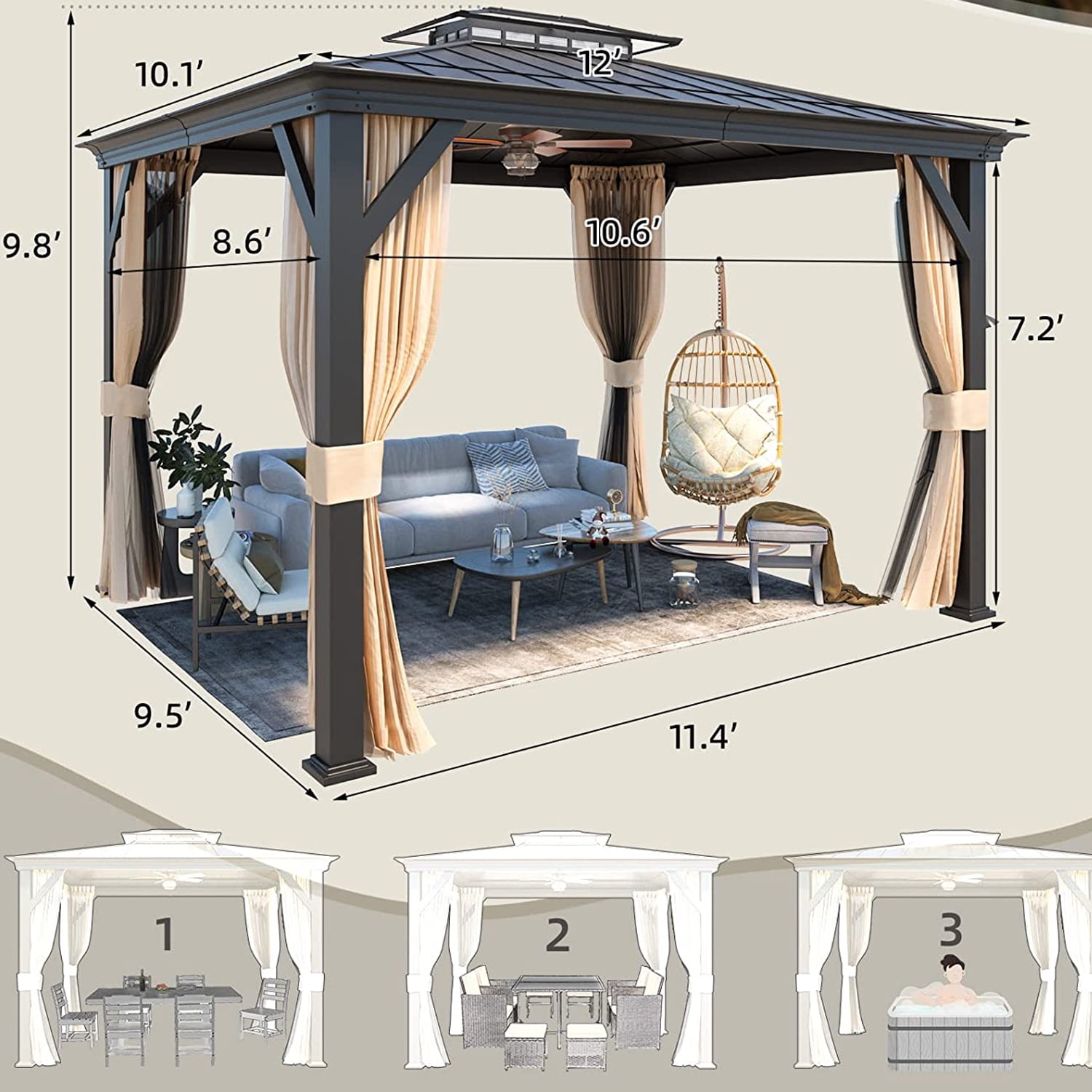 Hommow 12'x10' Hardtop Gazebo with Acrylic & Galvanized Steel Roof for Garden, Patio, Lawns