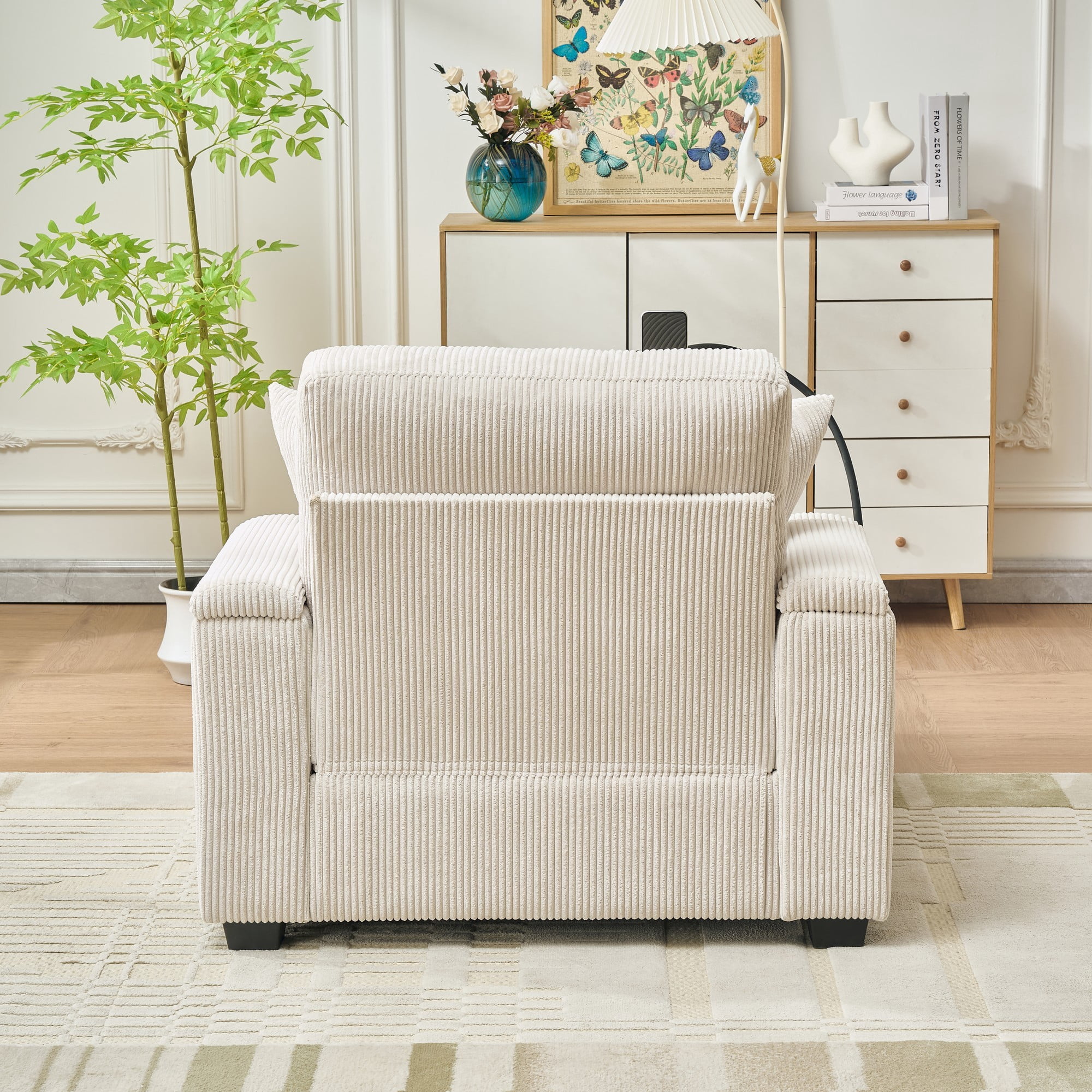 Aukfa 55" Upholstered Deep Seat  Acent Chair with Storage Ottoman & USB, Comfy Corduroy Single Sofa Lounge Chair, Beige