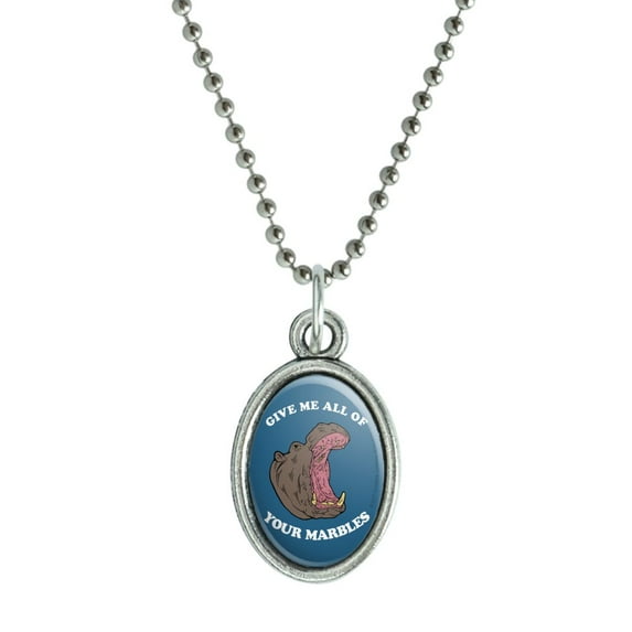 Give Me All Of Your Marbles Hippo Funny Humor Antiqued Oval Charm Pendant with Chain