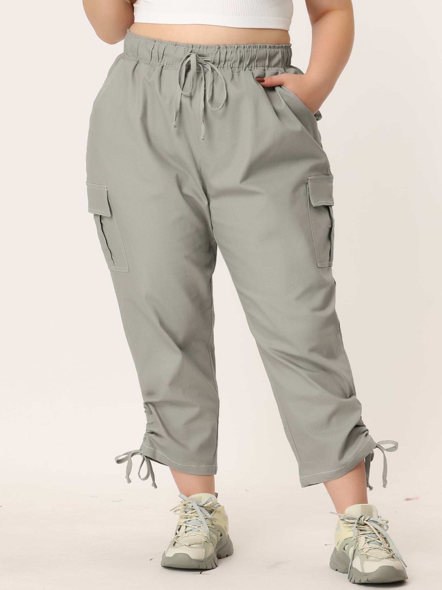 Plus Size Cargo Pants for Women High Waist Drawstring Elastic Waist 3X Gray