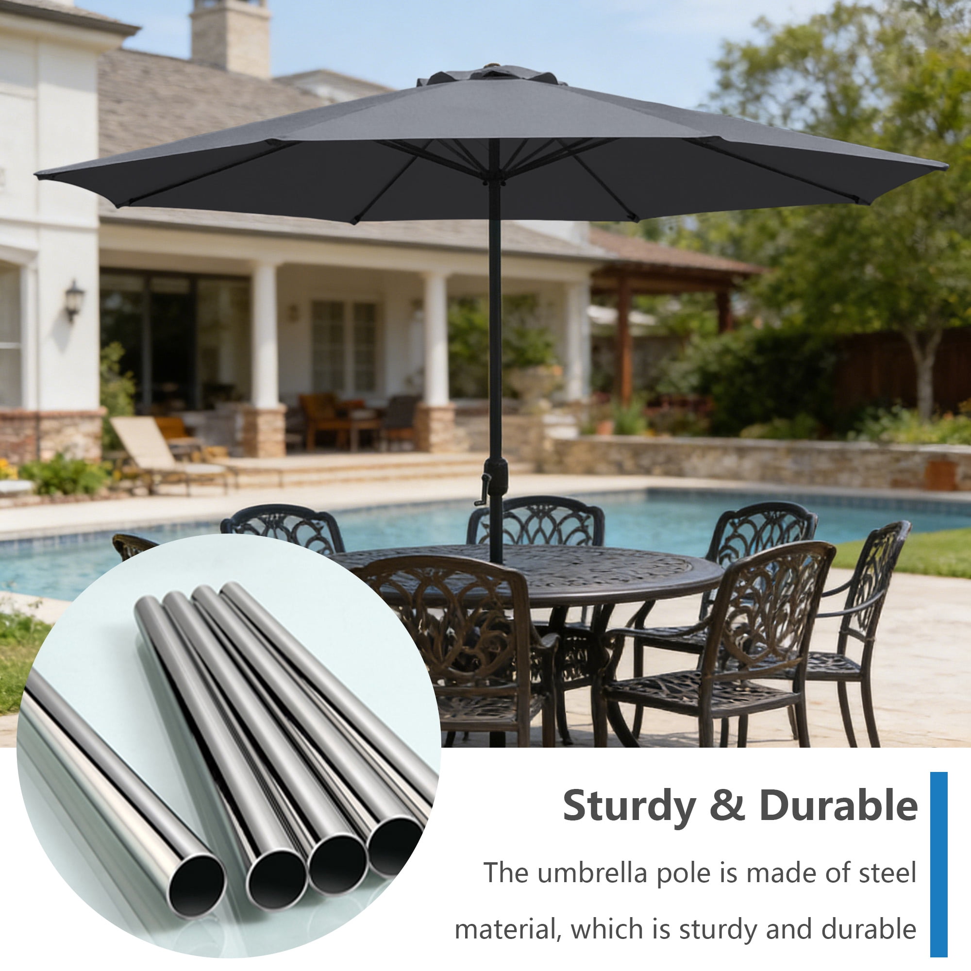 Abble 11FT Outdoor Patio Umbrella with Crank Handle, Market Umbrella with 8 Sturdy Umbrella Ribs, Waterproof for Garden Deck Backyard Pool,  Dark Gray