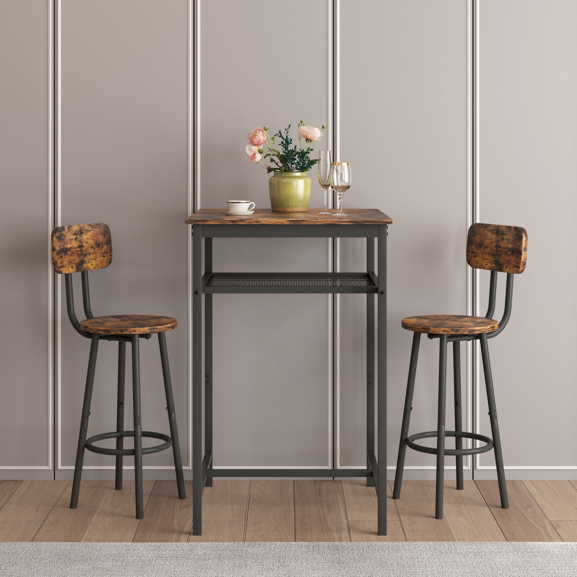 Aukfa Bar Table Set for 2, Dining Table Set w/ Bench & 2 Chairs, Brown