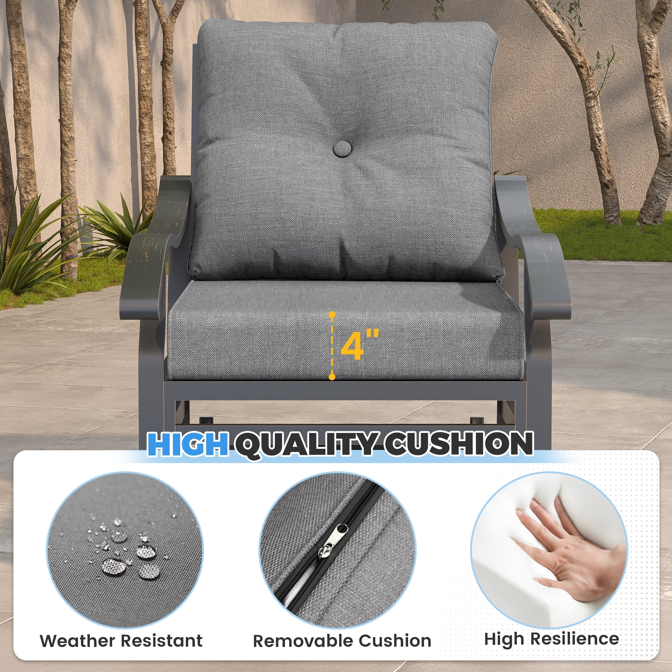 POTEBAN Outdoor Swivel Rocker Chairs, 3 Piece Metal Patio Rocking Chairs with Padded Cushions Patio Bistro Furniture Set with Side Table for Porch Balcony Backyard, Grey
