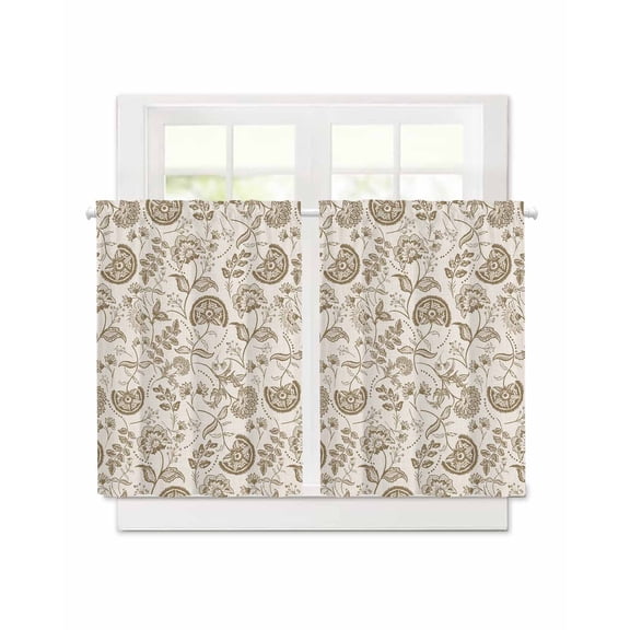 Farmhouse Brown Floral Short Blackout Curtains 36 Inch Long Linen Boho Flower Rustic Country Rod Pocket Kitchen Curtains, 2 Panels Thermal Insulated Room Darkening Drapes for Bedroom, 30"W x 36"L