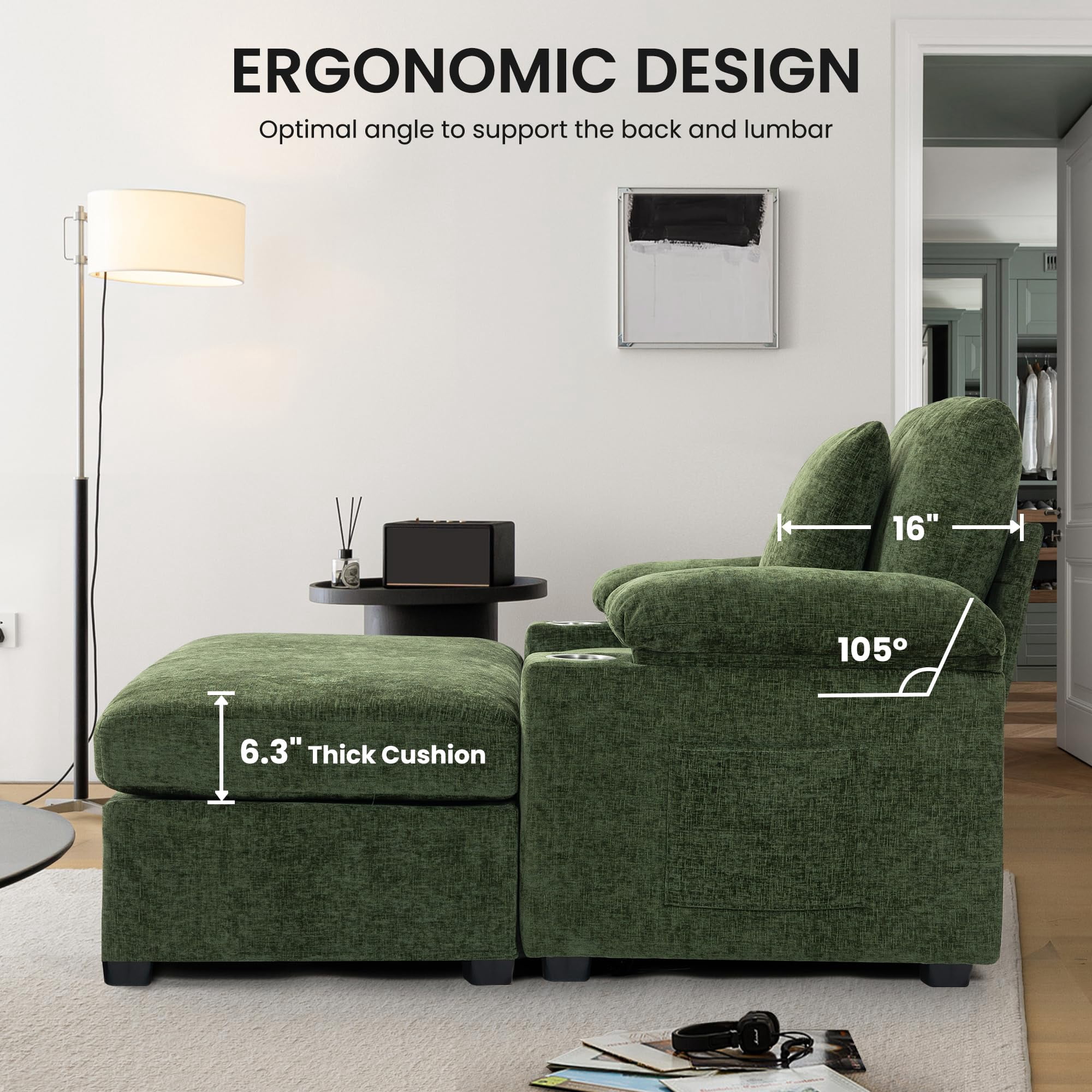 Aukfa 58" Chaise Lounge Oversized Sofa Chair with 2 Cup Holders&USB Ports, Chenille, Green
