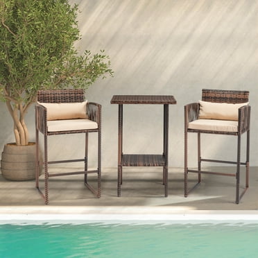 3 PCS Patio Bar Set Wicker, Outdoor Bar Table and Bar Stools with Storage Shelf and Cushions, Bar Height Outdoor Table and Chairs Wicker Furniture