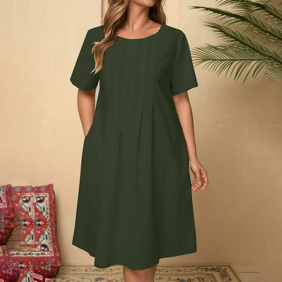 Ayolanni Cotton Linen Casual Dresses for Women Under $15 Green Knee-Length Short Sleeve Solid Dresses Junior Dresses L