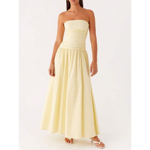 Yellow Strapless Ruched Drop Waist Maxi Dress Flowy A-Line Womens Evening Gown