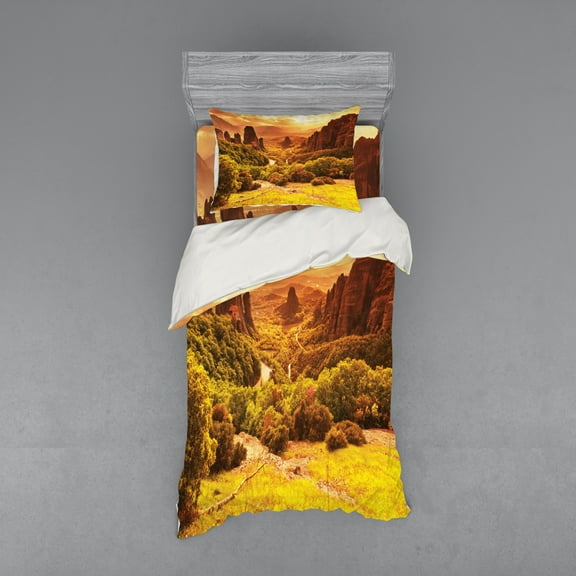 Ambesonne Scenery Bedding Set 3 Pcs, Monasteries in Greece, Twin, Earth Yellow and Mustard