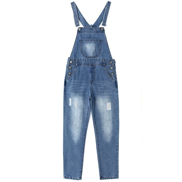 KIDSCOOL SPACE Little Girls Jeans Overalls,3 Buttons Ripped Elastic Band Inside Denim Jumpuit,Blue,5-6 Years