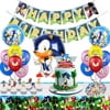 WOOACME 96pcs Sonic Party Supplies Include Banner, Cake Topper, Cupcake Topper, Balloons, stickers, Table Cover for Sonic The Hedgehog Birthday Party Decorations, Video Game Supplies
