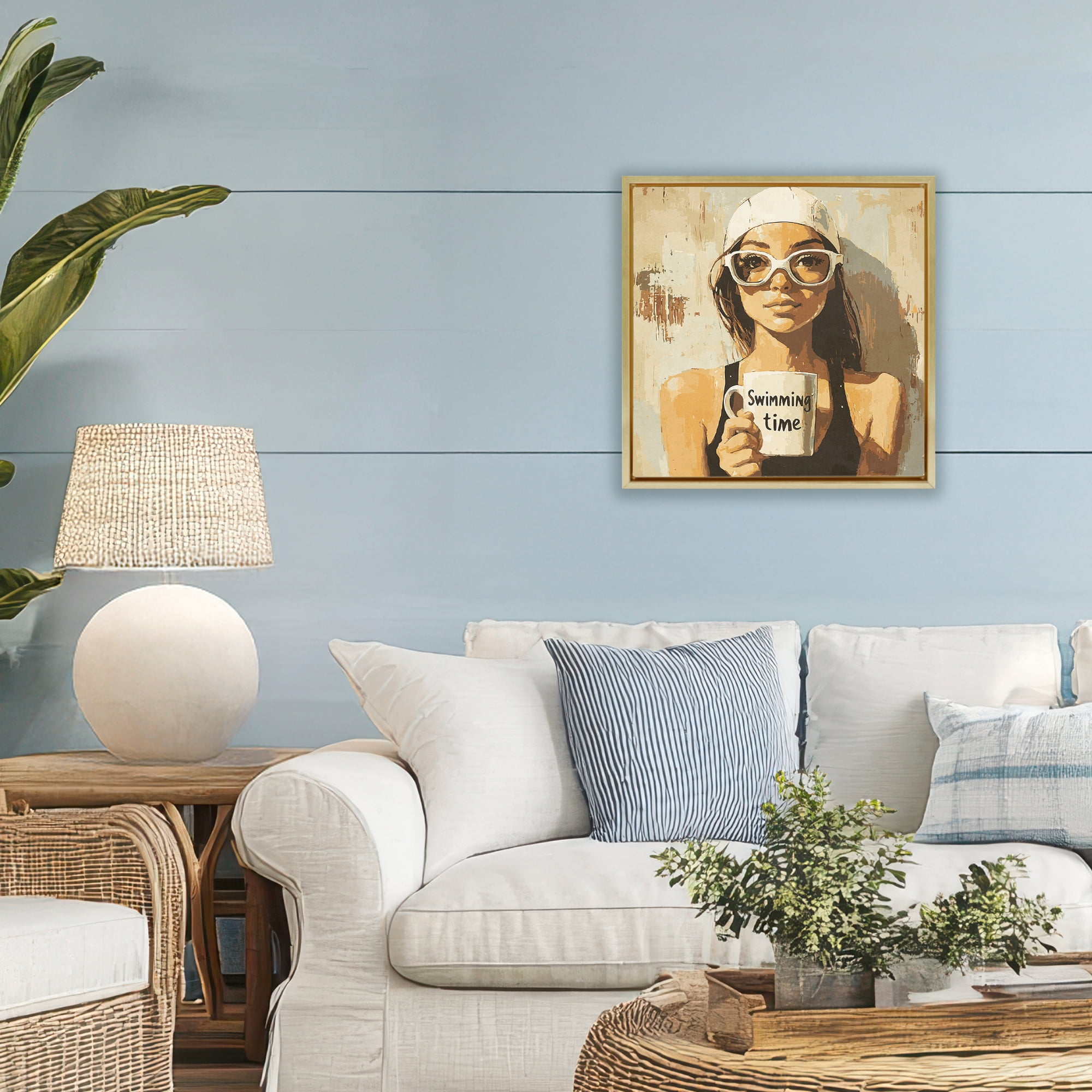 Stupell Industries Swimming Mug Girl Gold Framed Floater Canvas Wall Art, design by Layla Oz